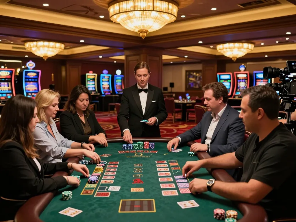 kp88 players engage in live blackjack action at a luxury casino table, vibrant atmosphere with strategic gameplay.