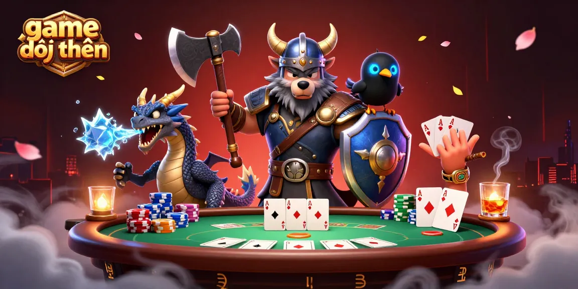 Play exciting game đổi thưởng with vibrant poker scene featuring powerful characters in action.