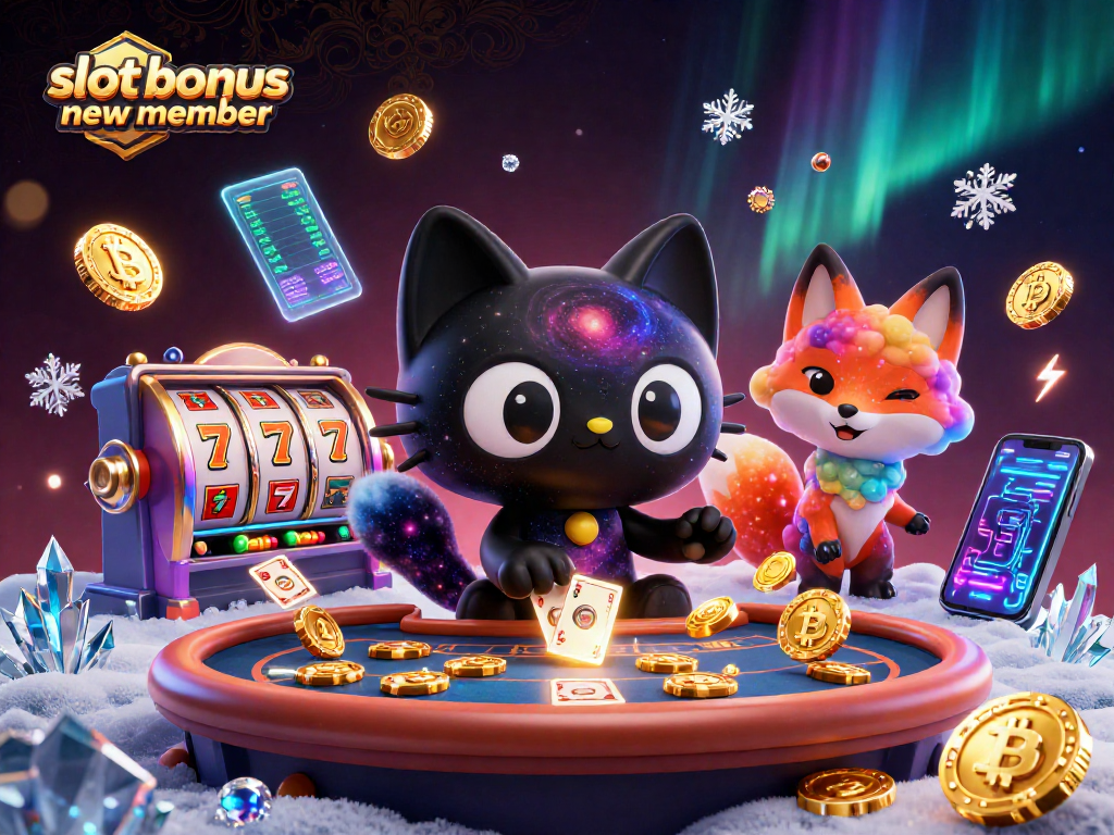 Engage with slot bonus new member offers in this vibrant cosmic casino scene featuring a captivating black hole cat.