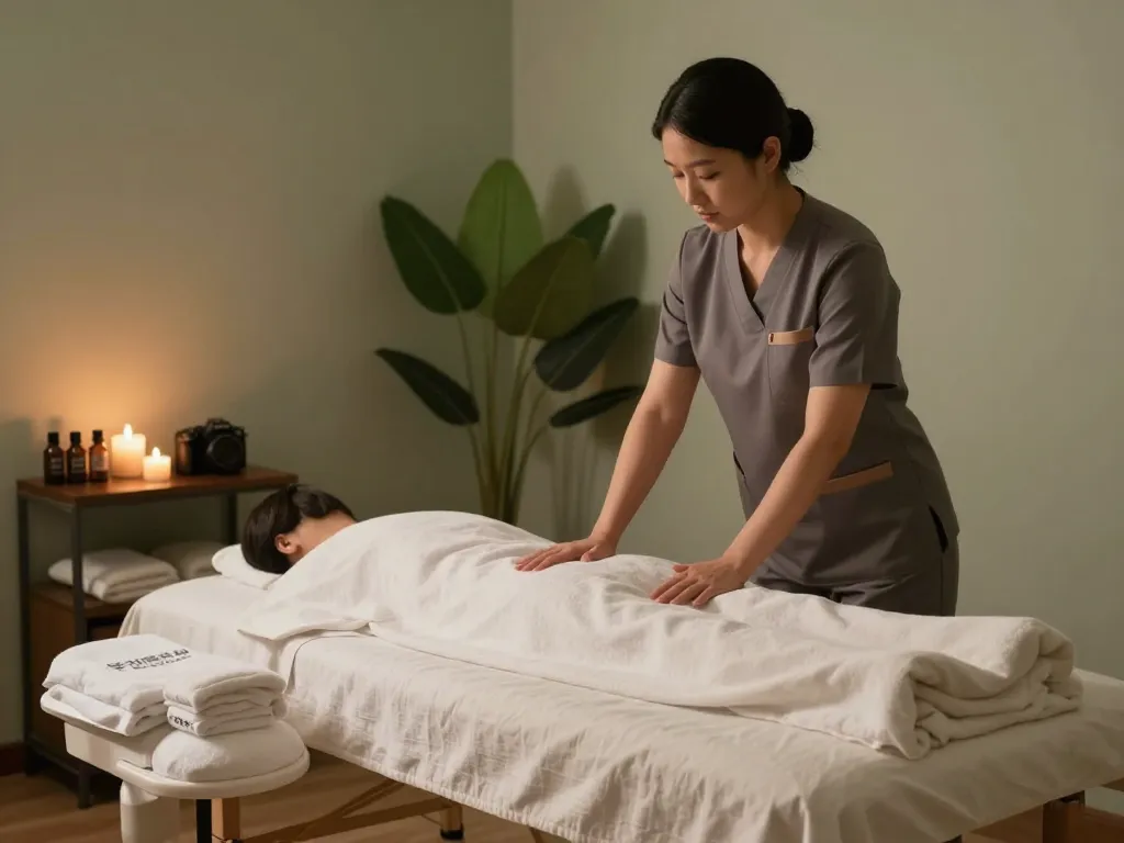 Relaxing massage room set for 부전동마사지 with soothing ambiance and professional therapist preparing