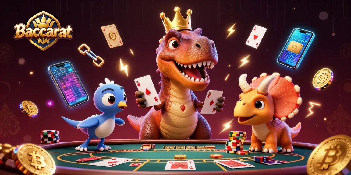 Baccarat-themed illustration of a T-Rex shuffling cards, showing excitement in a casino setting