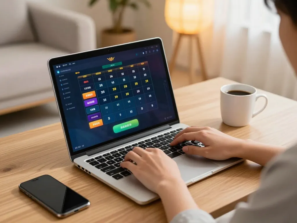 Situs togel player analyzing winning numbers and strategies on laptop during online session