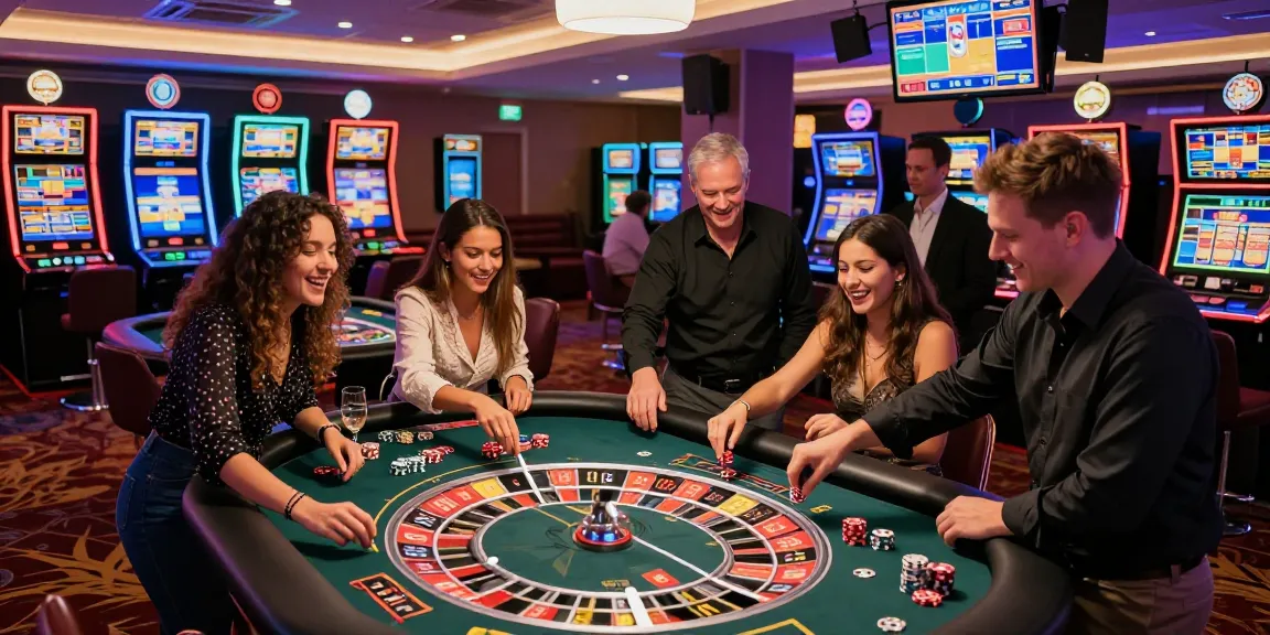 Scène de casino en ligne France légal avec des amis profitant de la roulette, atmosphère vibrante.