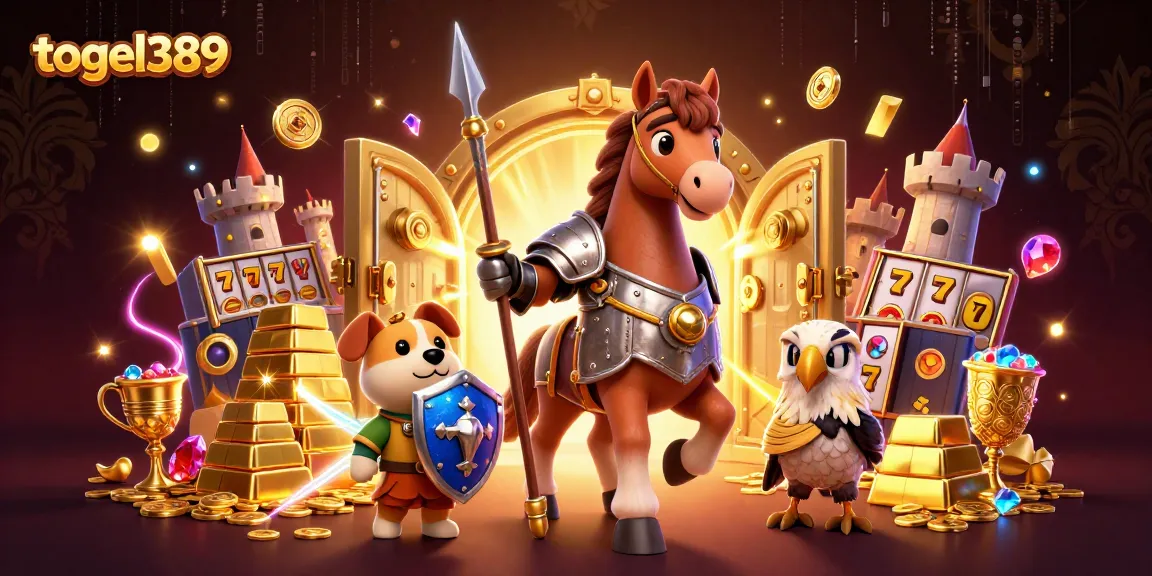 Experience jackpot excitement with togel389 in this vibrant 3D illustration showcasing a medieval knight and magical slot elements.