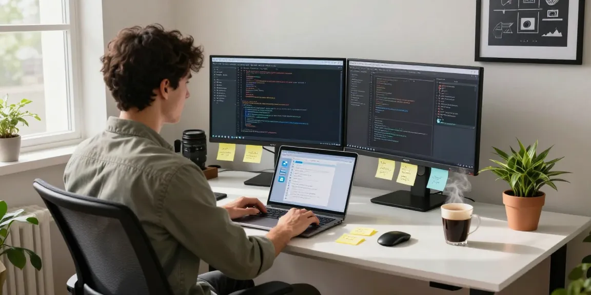 Developer utilizing 纸飞机中文版 in a modern tech workspace, showcasing coding and app interface.