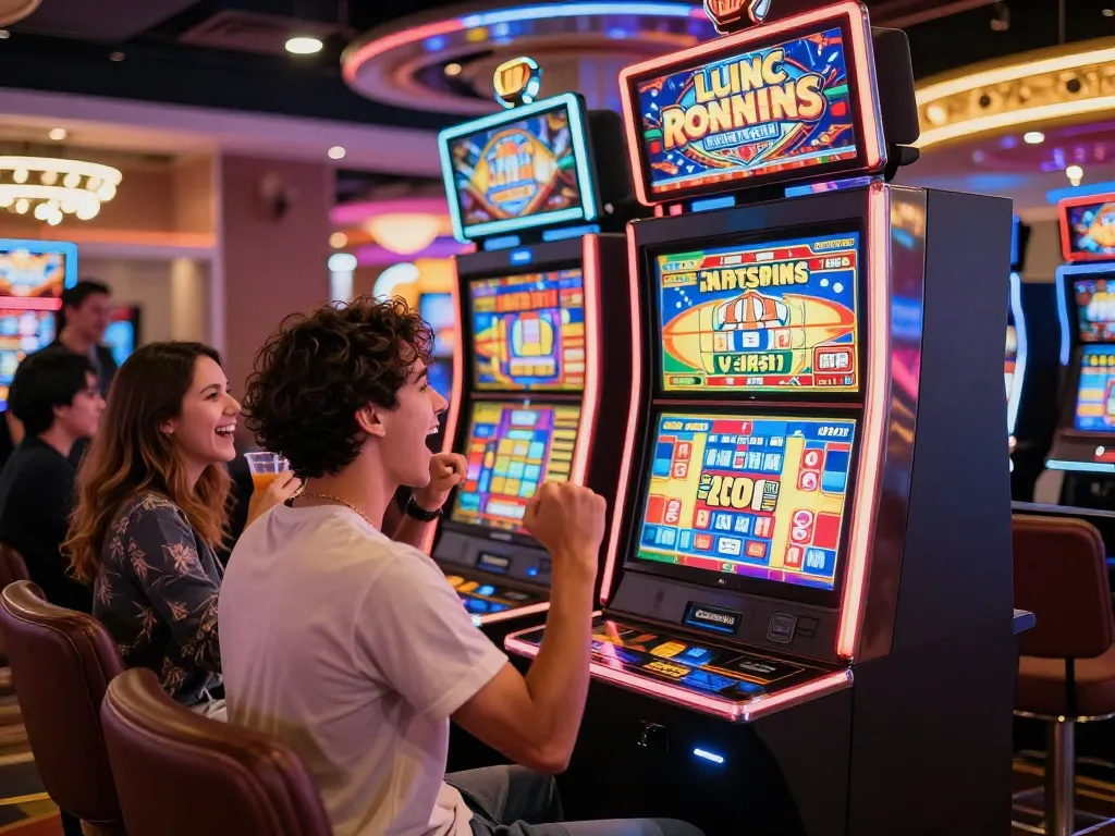 Player winning on a slot gacor machine, friends celebrating with drinks in vibrant casino setting