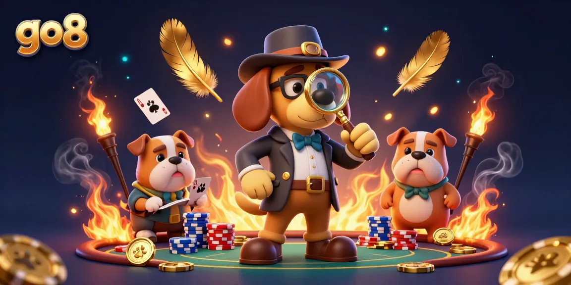 Play poker and win big at go8 with a dynamic scene featuring detective characters hunting for clues.