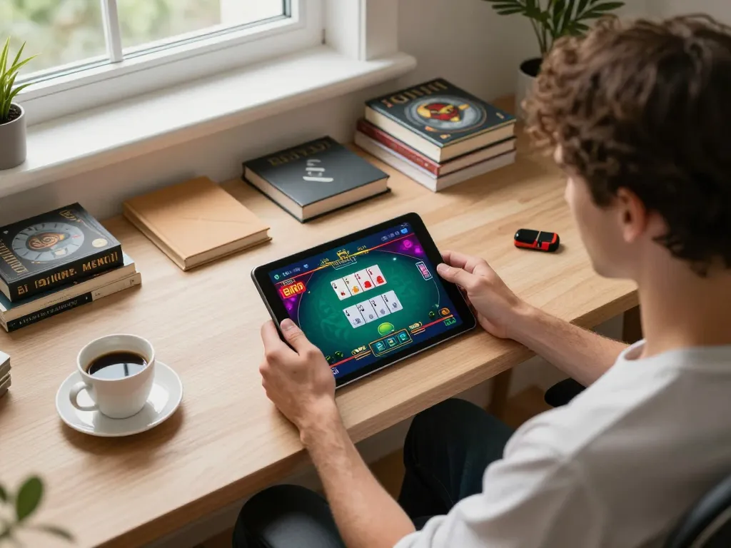 Player engaged in strategic online casino game XX88 on tablet, in a cozy and professional home setting.