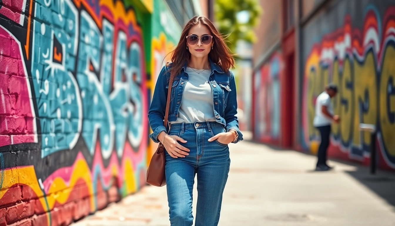 Model wearing petite womens jeans in an urban setting with energetic graffiti backdrop.
