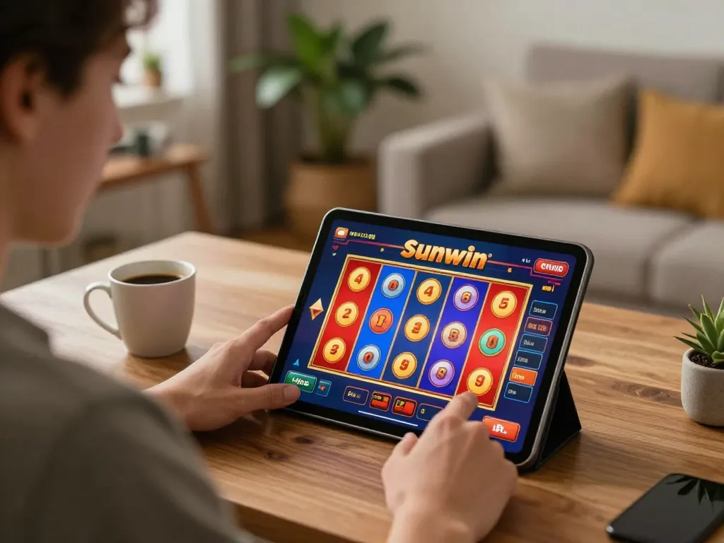 Người chơi Sunwin tận hưởng trò chơi slot trực tuyến trên máy tính bảng trong một không gian ấm cúng.