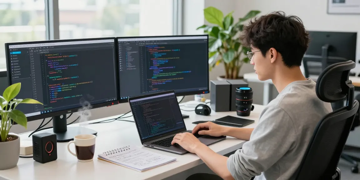 Developers optimizing telegram中文 language settings on multiple monitors in a vibrant office.