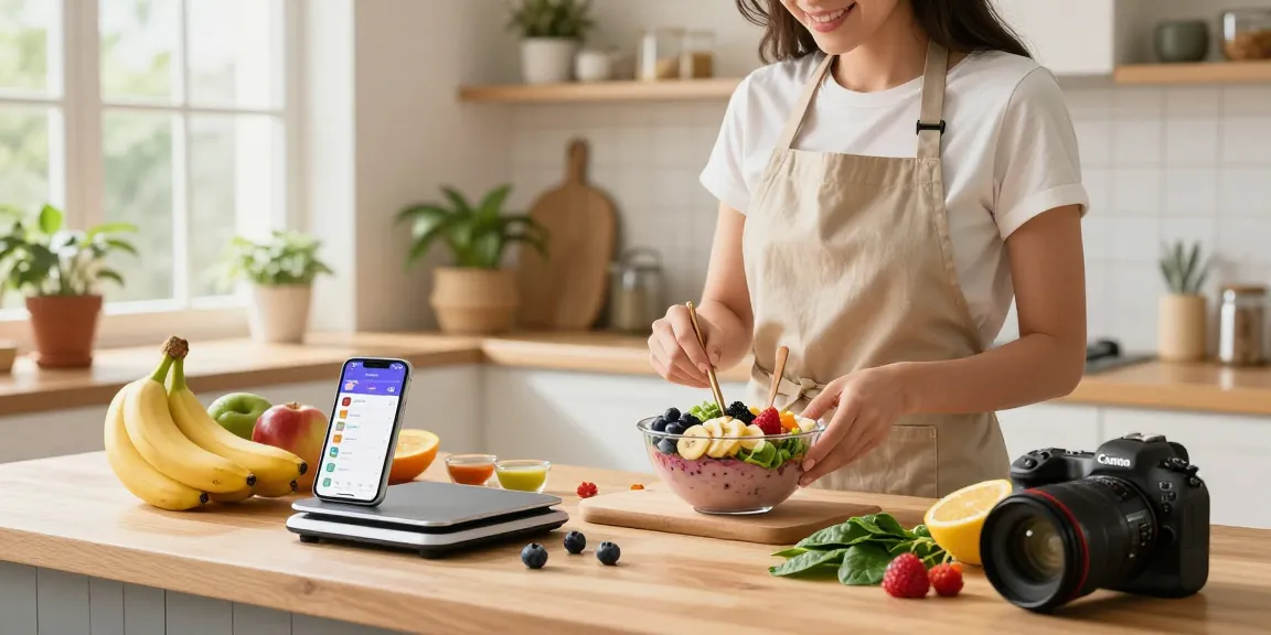 Detail of best food tracker in a bright kitchen preparing nutritious smoothie ingredients.