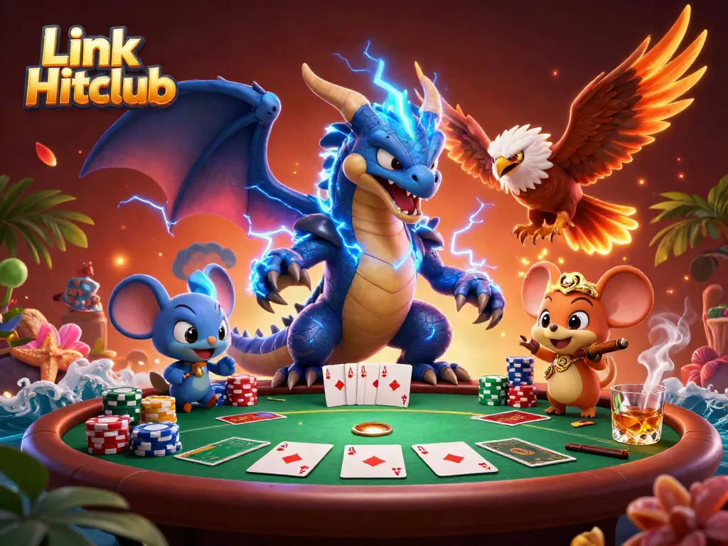 Experience thrilling gameplay with Link Hitclub, featuring a thunder dragon and poker elements.