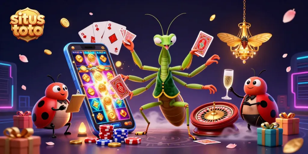 Engage in strategic betting at situs toto with a vibrant casino scene featuring playful characters.