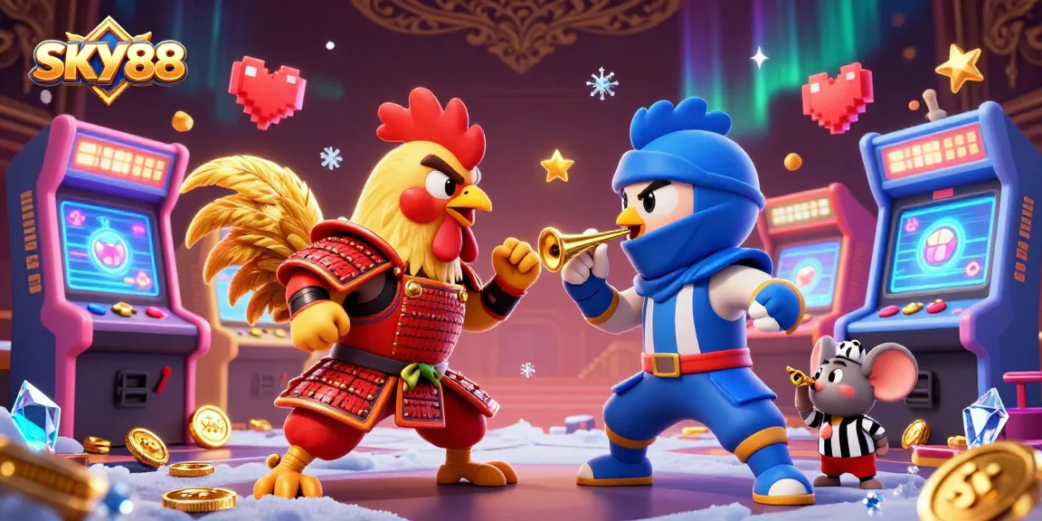 Engage in thrilling gameplay at SKY88 with unique fighting rooster characters in a dynamic casino scene.
