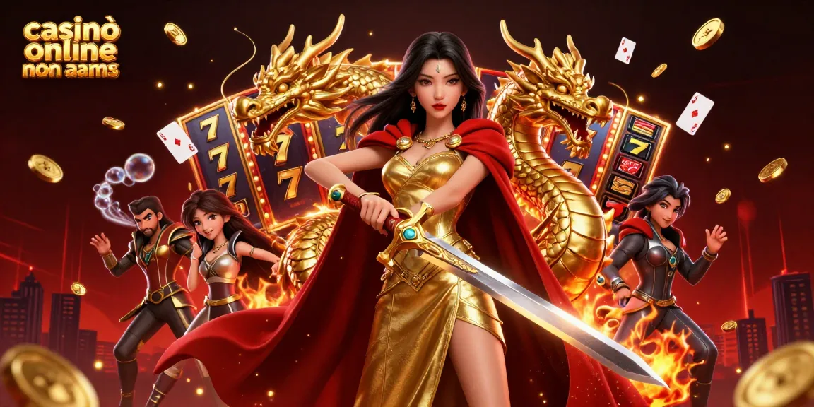 Gioca a giochi emozionanti nei casinò online non AAMS, con vivaci monete d'oro, rulli delle slot e personaggi dinamici.