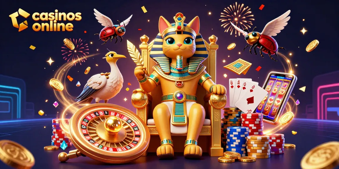 Disfruta de la emoción en casinos online con este colorido cartel 3D que incluye un gato faraón y emocionantes símbolos de juegos.