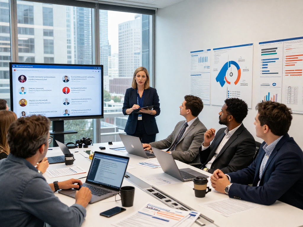 Campaign team strategizing for political crisis communications with data analytics and brainstorming materials in a modern office.