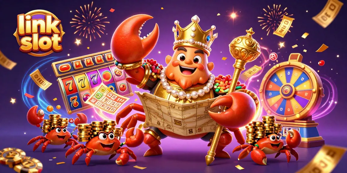 Experience thrilling slot wins with link slot as a golden crab emperor leads the gaming adventure.