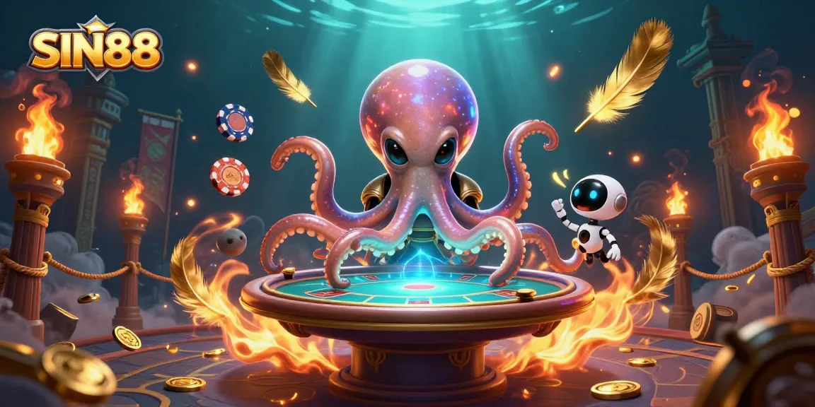 SIN88 gaming scene featuring an alien octopus and robot at a holographic poker table amidst golden casino elements.