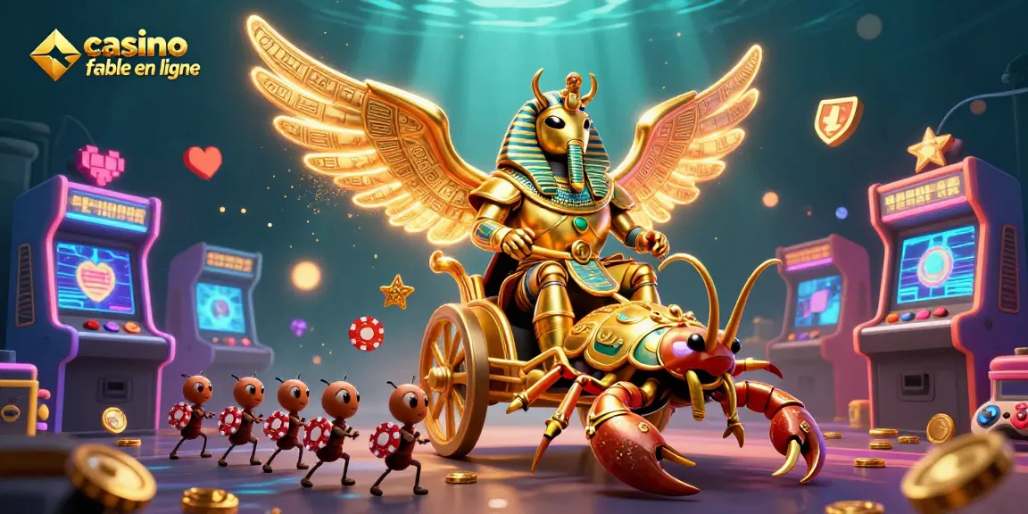 Jouez au casino fiable en ligne avec une représentation dynamique d'un scarabée en or et de décorations de jeu colorées.
