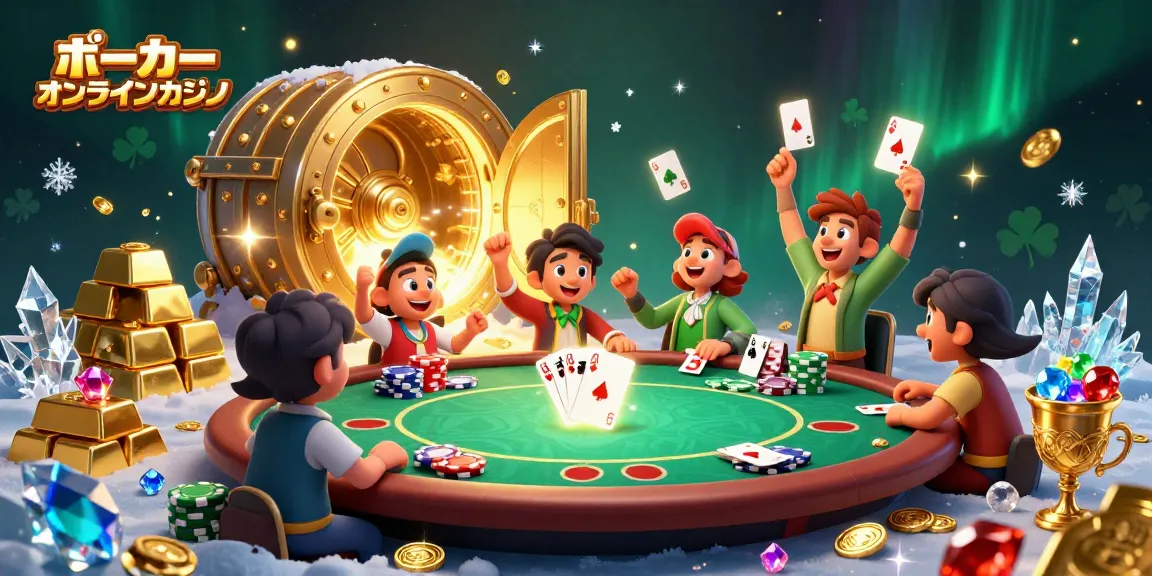 ポーカー オンラインカジノでの勝利を祝うプレイヤーたちの活気あふれるシーン。
