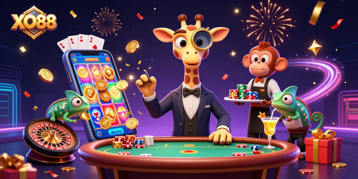 Experience exciting gaming moments with XO88 in vibrant casino-themed illustration featuring lively characters.
