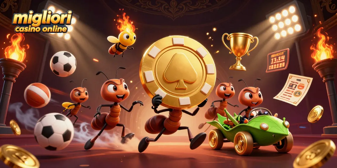 Formiche che trasportano una chip dorata in un'illustrazione vivida dei migliori casino online.