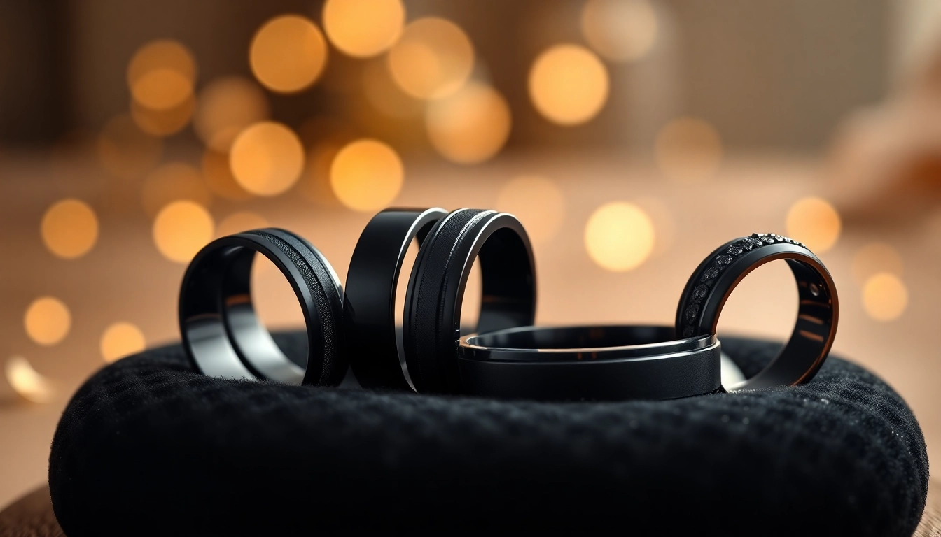 Showcasing stunning Black Wedding Rings for Men with elegant designs on a velvet background.