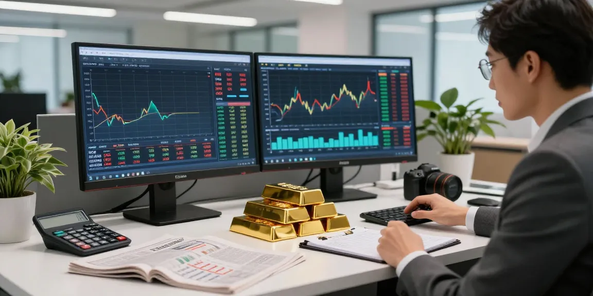 Current 4 tola gold price analysis in a sleek financial office environment, showcasing gold bars and market data.