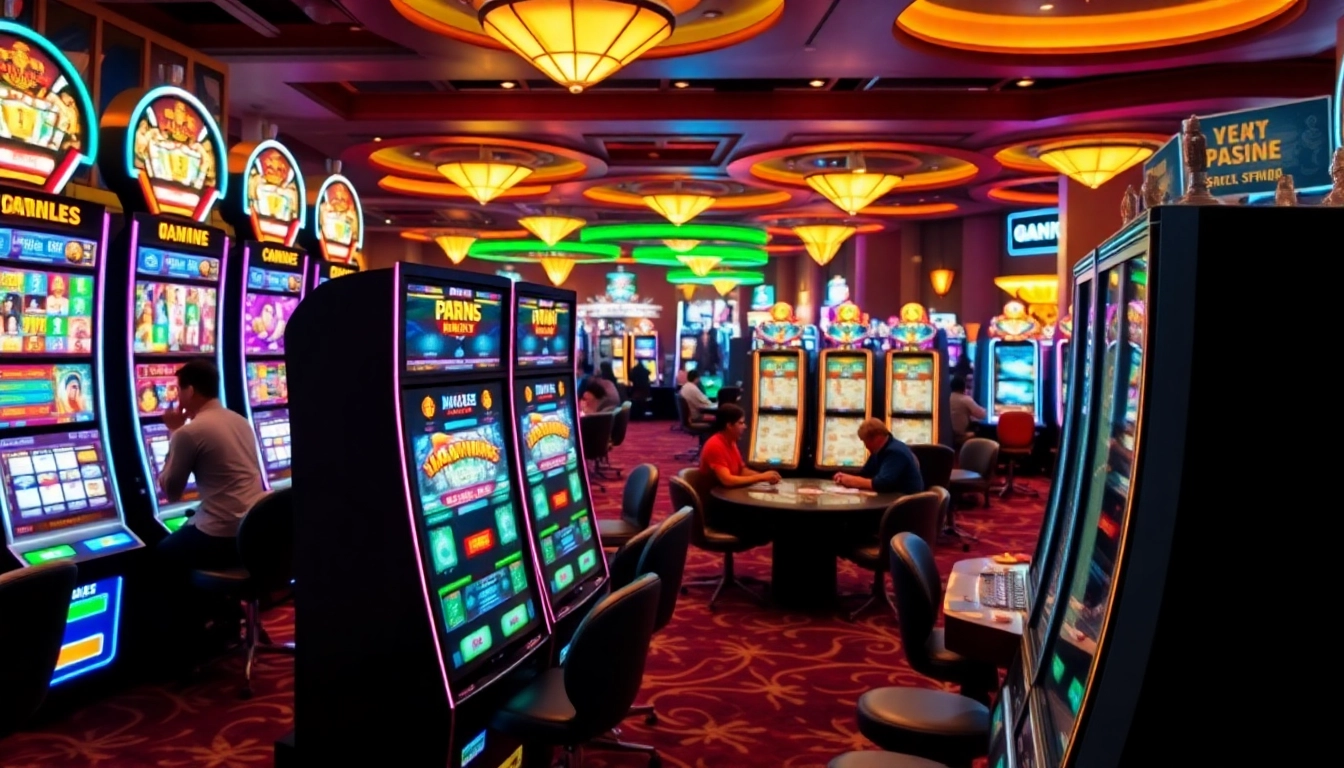 Erleben Sie casino online spiele in einem lebhaften, modernen Casino voller bunter Spielautomaten.