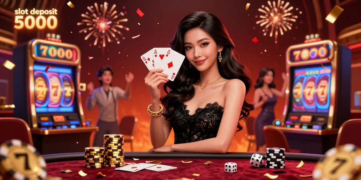 Experience the thrill with slot deposit 5000 in this vibrant casino scene featuring cascading confetti and lively slot elements.