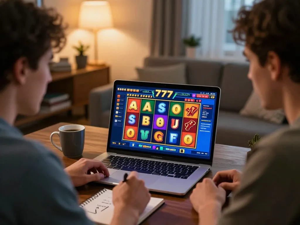 Playing slot777 on laptop with strategic notes in cozy home setting, capturing online gaming excitement.