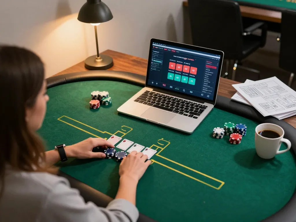 Player using sc88 for online poker gaming in a cozy home setup, showing strategy notes and chips