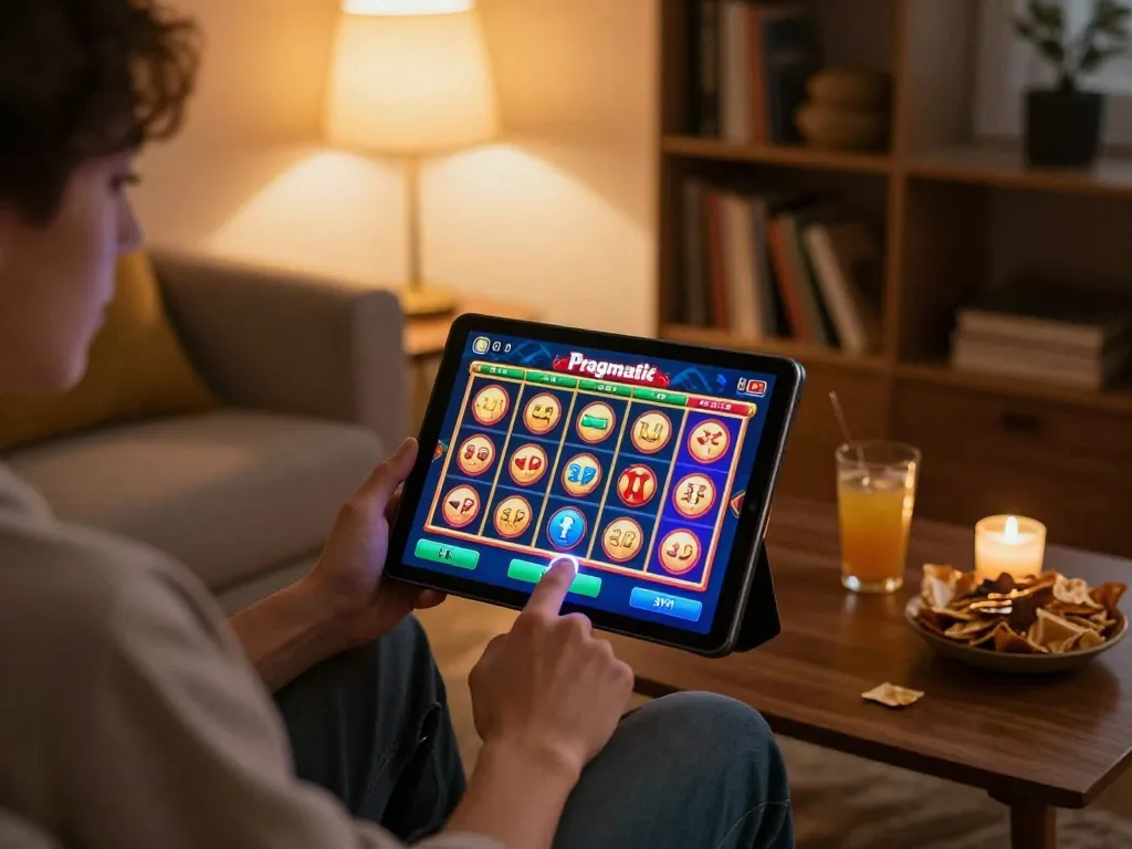 Players enjoying Demo Slot Pragmatic on a tablet in a cozy living room setting, emphasizing strategic gaming.