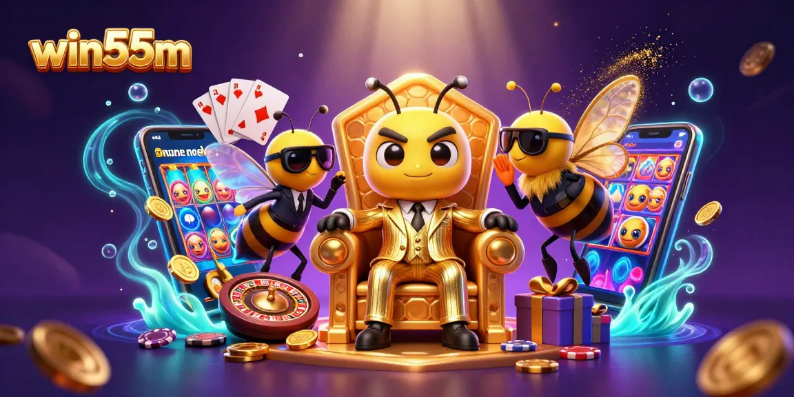 Experience win55m's vibrant casino atmosphere with a dynamic bumblebee mob boss and engaging game elements.