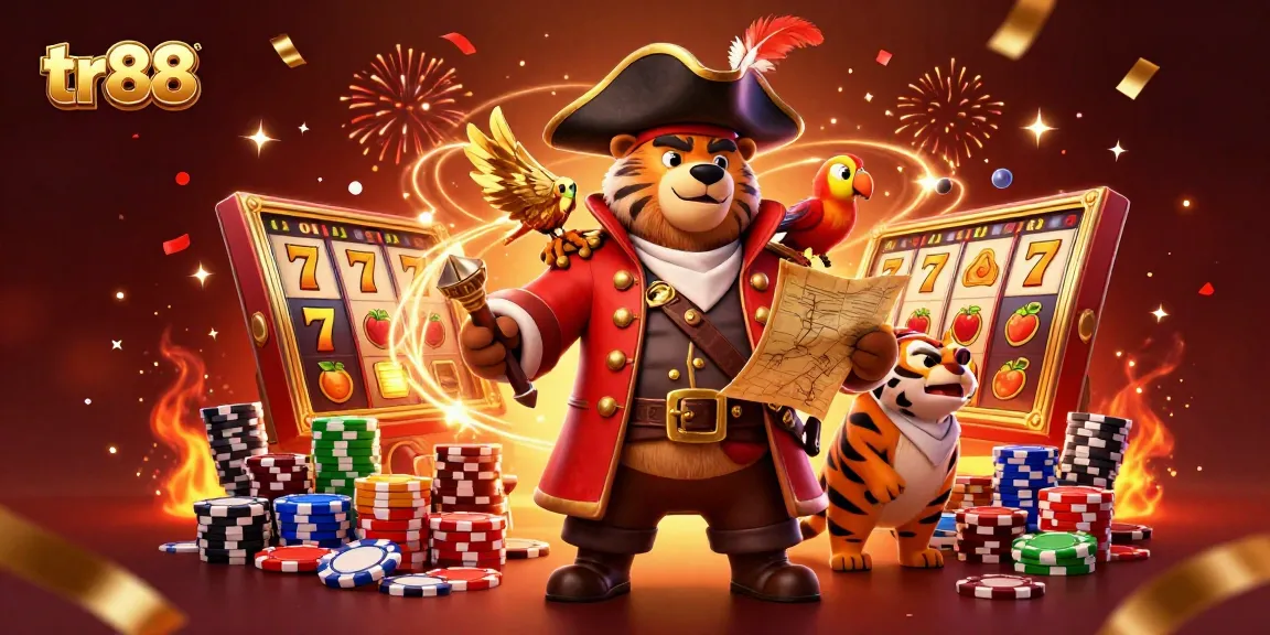 Engage in fun slot games with TR88 featuring a lively pirate captain bear, tiger first mate, and gold coins.