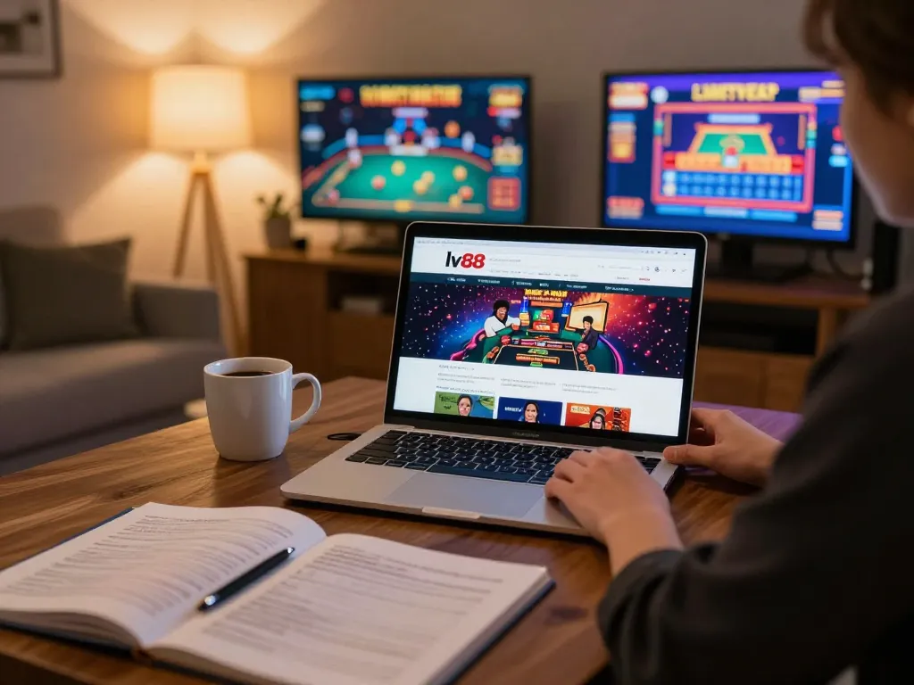 Engaging user playing at home with the lv88 blog on their laptop, enjoying online casino gaming.