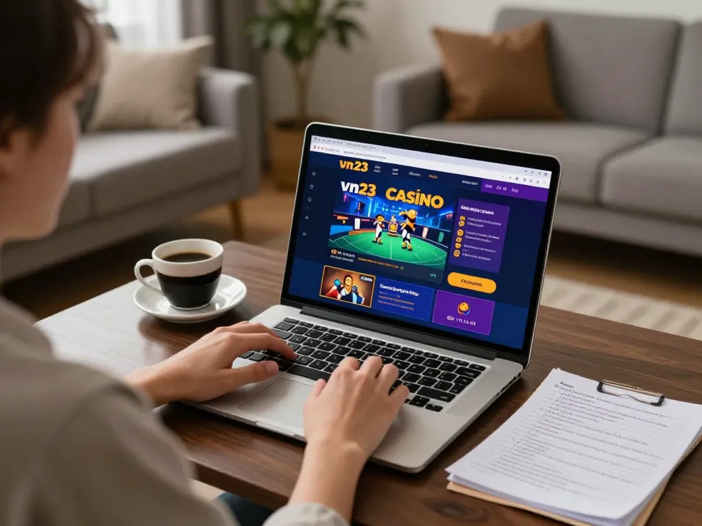 The engaging vn23 online casino experience with a player at home, showcasing the thrilling gaming interface.
