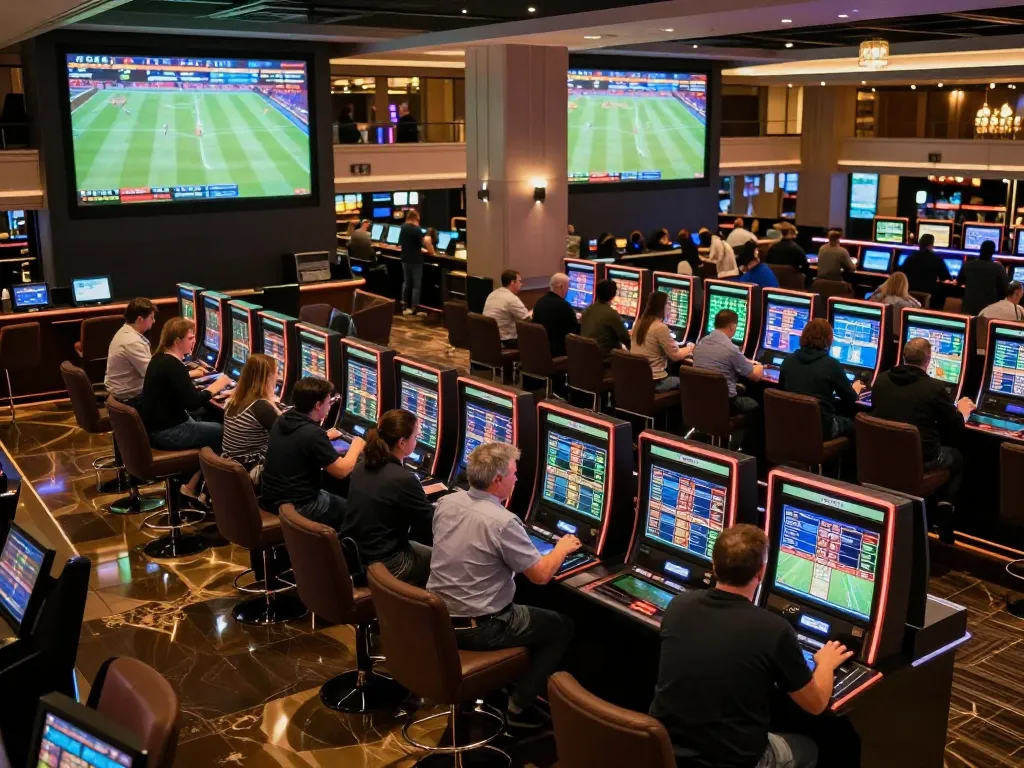 Excited fans placing bets at n188 sports betting venue with live events displayed.