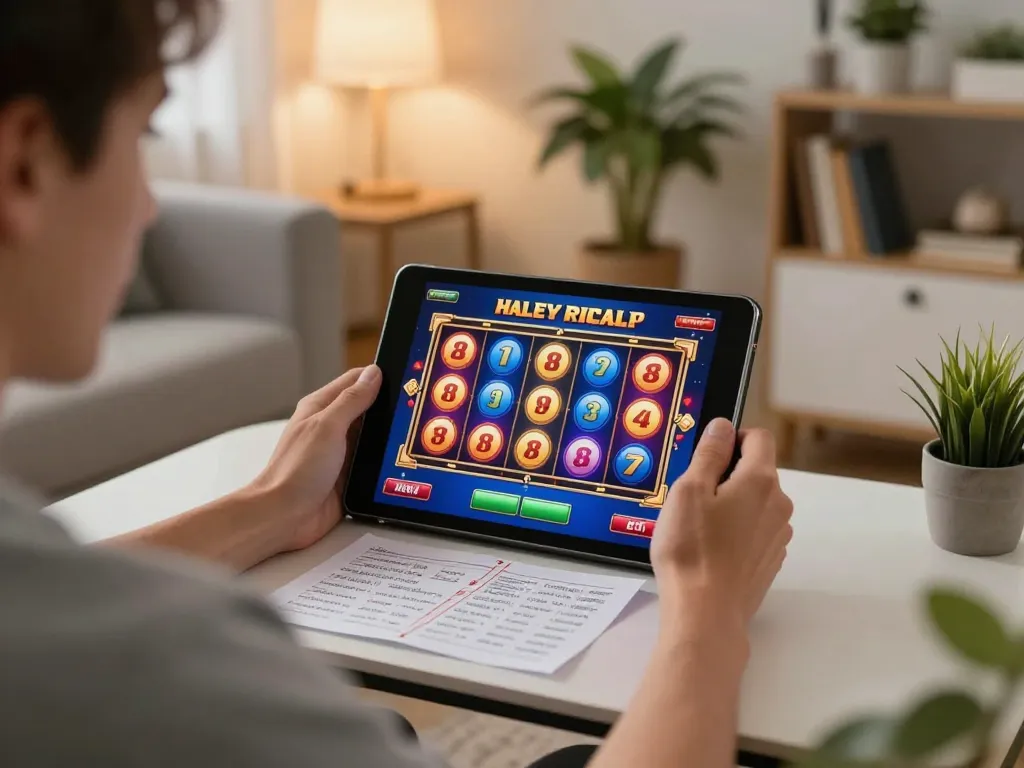 Engaging online gaming experience at lucks8 with a player immersed in a slot game interface.