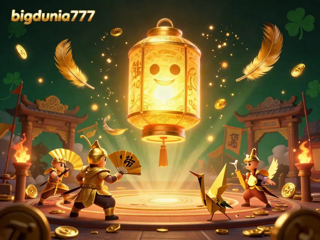 Experience the excitement of bigdunia777 casino with a dynamic illustration of spirits and warriors under golden light.