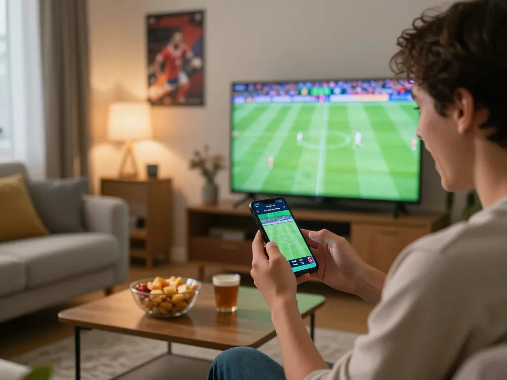 Engaging sports betting with Cakhia TV on a smartphone, watching live football.
