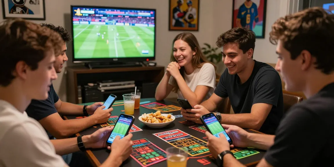 Exciting social scene at OPEN88 sports betting event with friends checking live odds and sharing laughter
