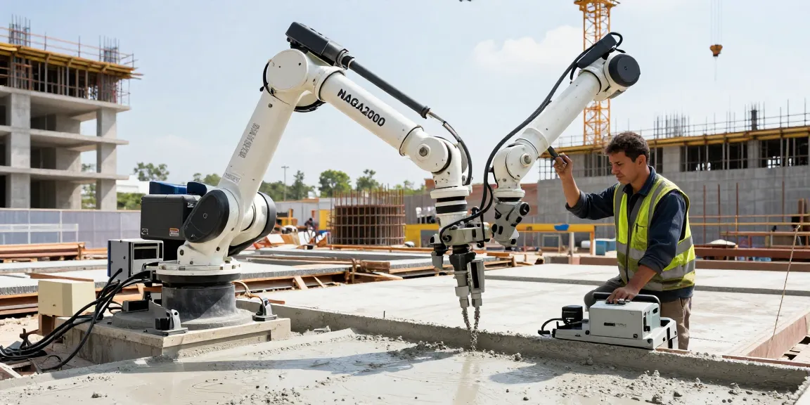 Worker using NAGA2000 for concrete construction in an industrial site.
