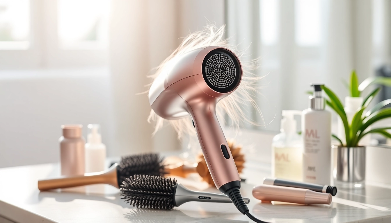 Efficient hair dryer for frizzy hair enhancing shine with sleek design on a vanity.
