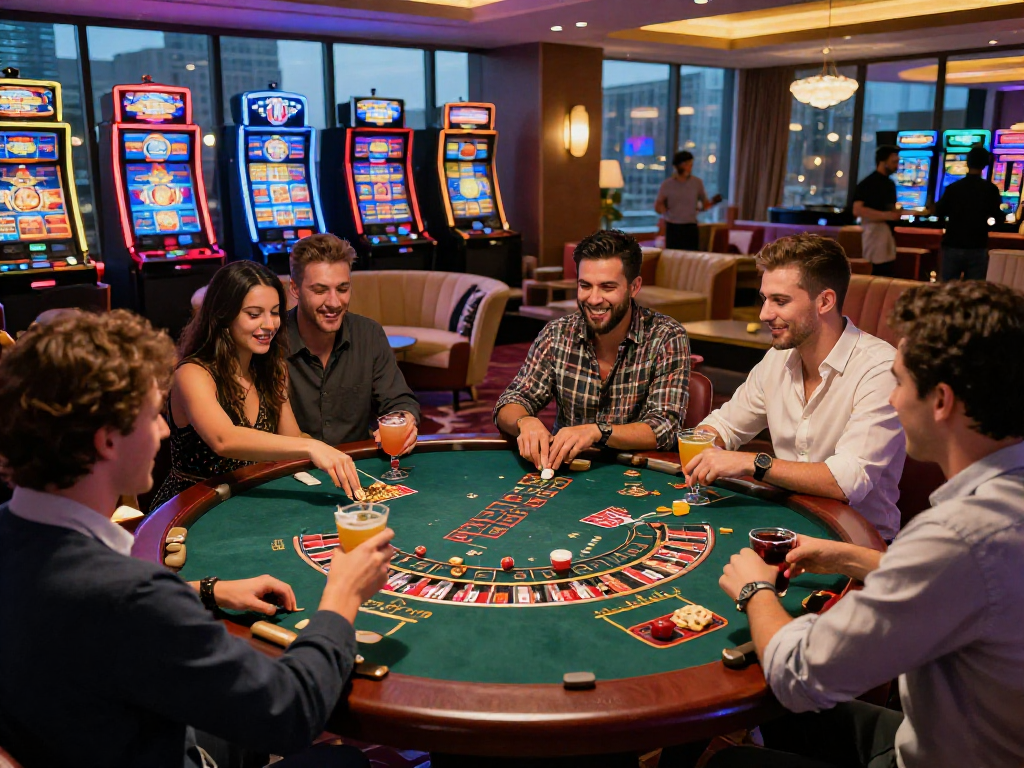 Exciting gaming night at a european online casino with friends enjoying table games and vibrant atmosphere.