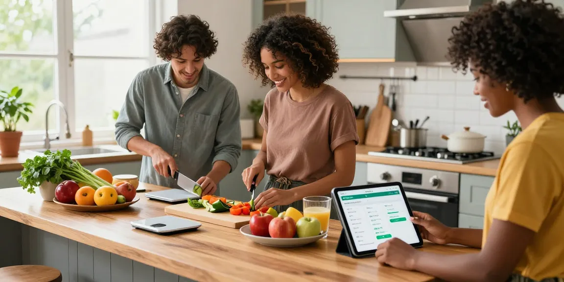 Best AI macro tracker displayed on a tablet while friends prepare healthy meals together in a bright kitchen.