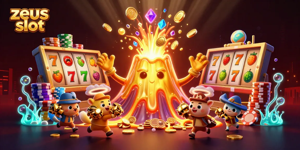 Spin the zeus slot reels with a golden volcano erupting coins, gems, and colorful poker chips.