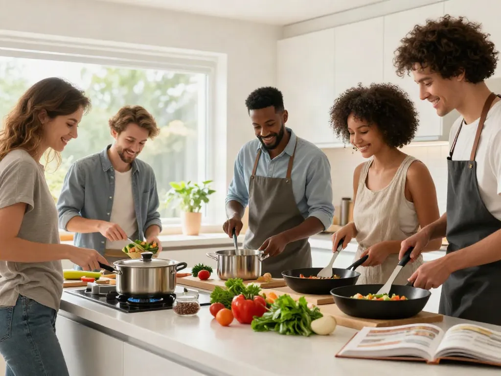 Cookware price in bangladesh showcased through diverse cooking activities in a bright kitchen setting.